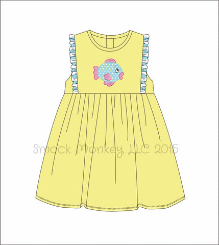 Girl's applique "GLAMOUR FISH" yellow knit sleeveless swing dress (18m,2t,3t,4t,5t,6t,7t,8t,10t)