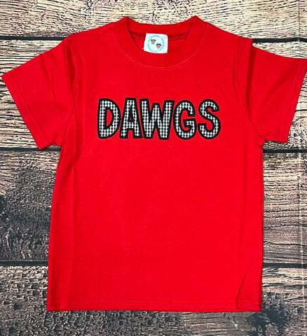 Boy's applique "DAWGS” red s/s shirt (12m,18m,2t,3t,4t,5t,6t,7t,8t,10t,12t)