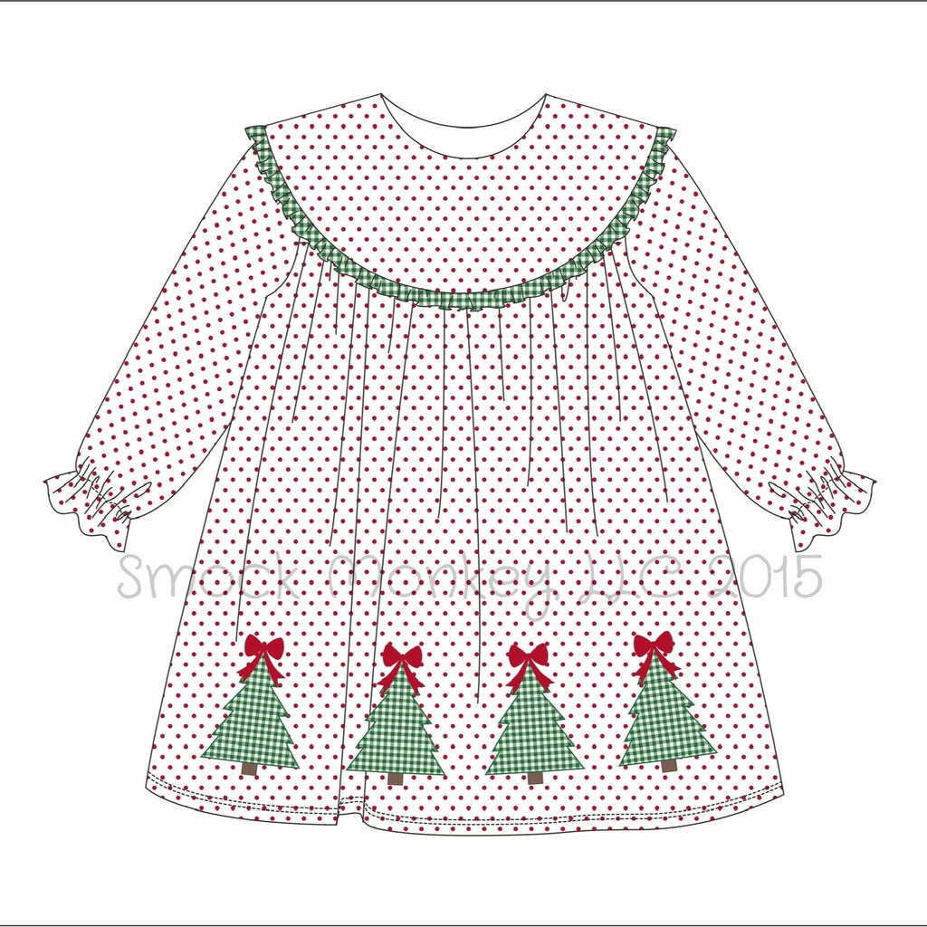 Girl's applique "MERRY ROW OF TREES" red polka round collar long sleeve dress (18m,2t)