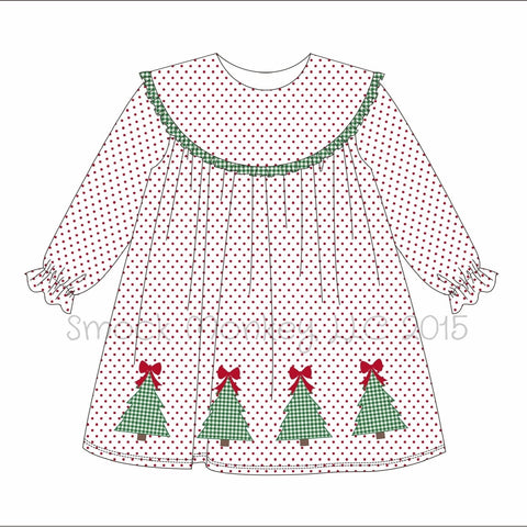 Girl's applique "MERRY ROW OF TREES" red polka round collar long sleeve dress (18m,2t)
