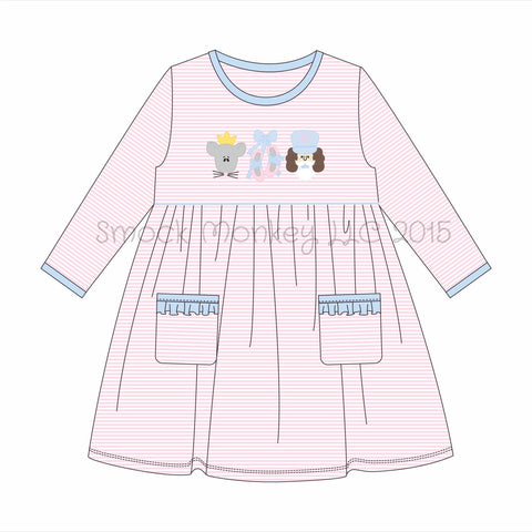 Girl's applique "NUTCRACKER FRIENDS" pink striped long sleeve knit pocket dress (2t,3t,4t,6t,7t)