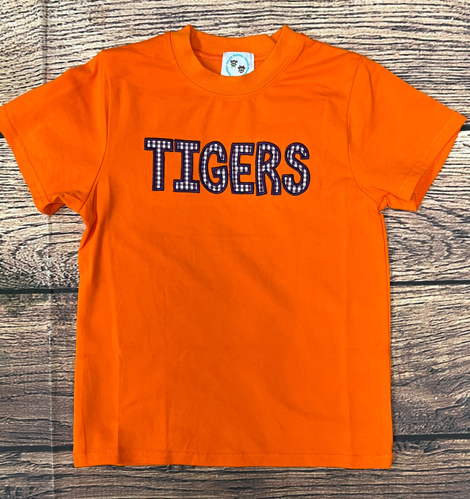 Boy's applique "TIGERS (purple gingham)" orange s/s shirt (6m,3t)