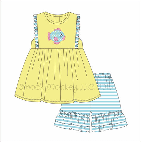 Girl's applique "GLAMOUR FISH" yellow knit sleeveless swing shirt and striped short set (6m,12m,18m,2t,3t,4t,5t,6t,7t,8t,12t)