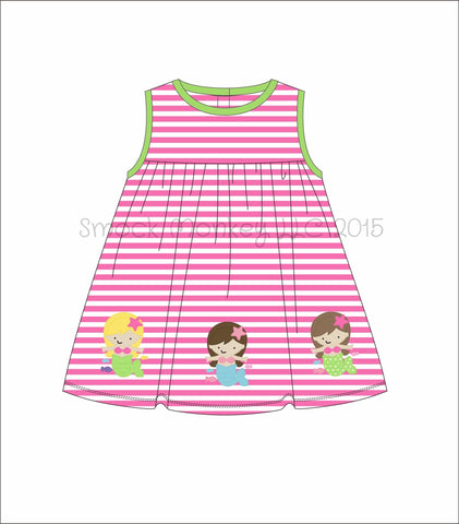 Girl's applique "MERMAIDS" hot pink striped knit swing dress (6m,12m,2t,3t,4t,5t,6t,7t,8t,10t,14t)