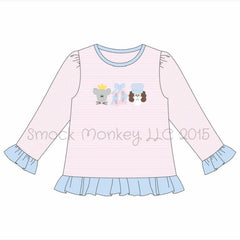 Girl's applique "NUTCRACKER FRIENDS" pink striped long sleeve ruffle shirt (12m,18m,2t,3t,4t,5t,6t,7t,8t,12t)