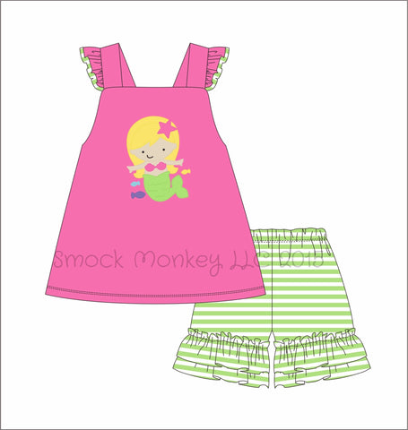 Girl's applique "MERMAID" hot pink knit swing top and lime striped short set (12m,18m,2t,3t,4t,5t,6t,7t,8t,10t,12t)