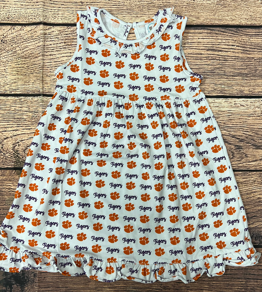 Girl's Orange and Purple print "TIGERS” sleeveless ruffle collar swing dress (2t,3t,4t,6t,7t,8t,10t,12t)