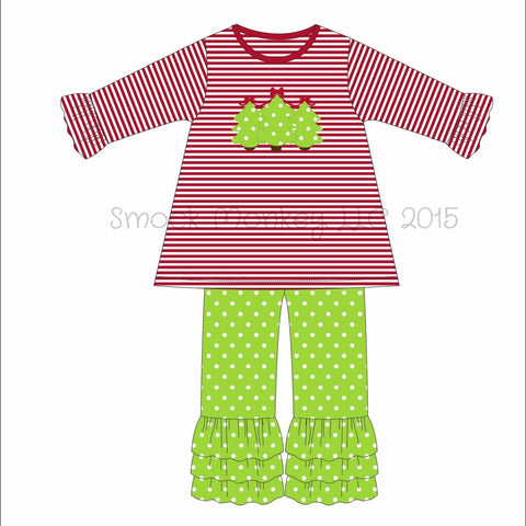 Girl's applique "BOW CHRISTMAS TREES" red striped swing top and lime polka knit ruffle pants 2024 (3m,18m,2t,3t,5t,7t)