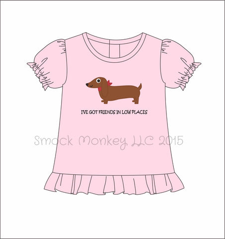 Girl's applique "I HAVE FRIENDS IN LOW PLACES" pink knit short sleeve shirt (12m,18m,2t,3t,4t,5t,6t,7t,8t,10t,12t)