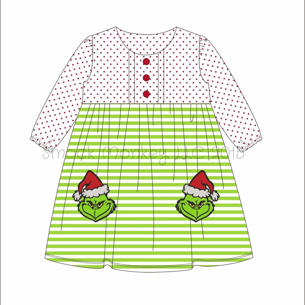 Girl's applique "MERRY GRINCH" red polka and lime striped l/s dress (2 SMOCK MONKEY Girl's applique "MERRY GRINCH" red polka and lime striped l/s dress (2 SMOCK MONKEY
