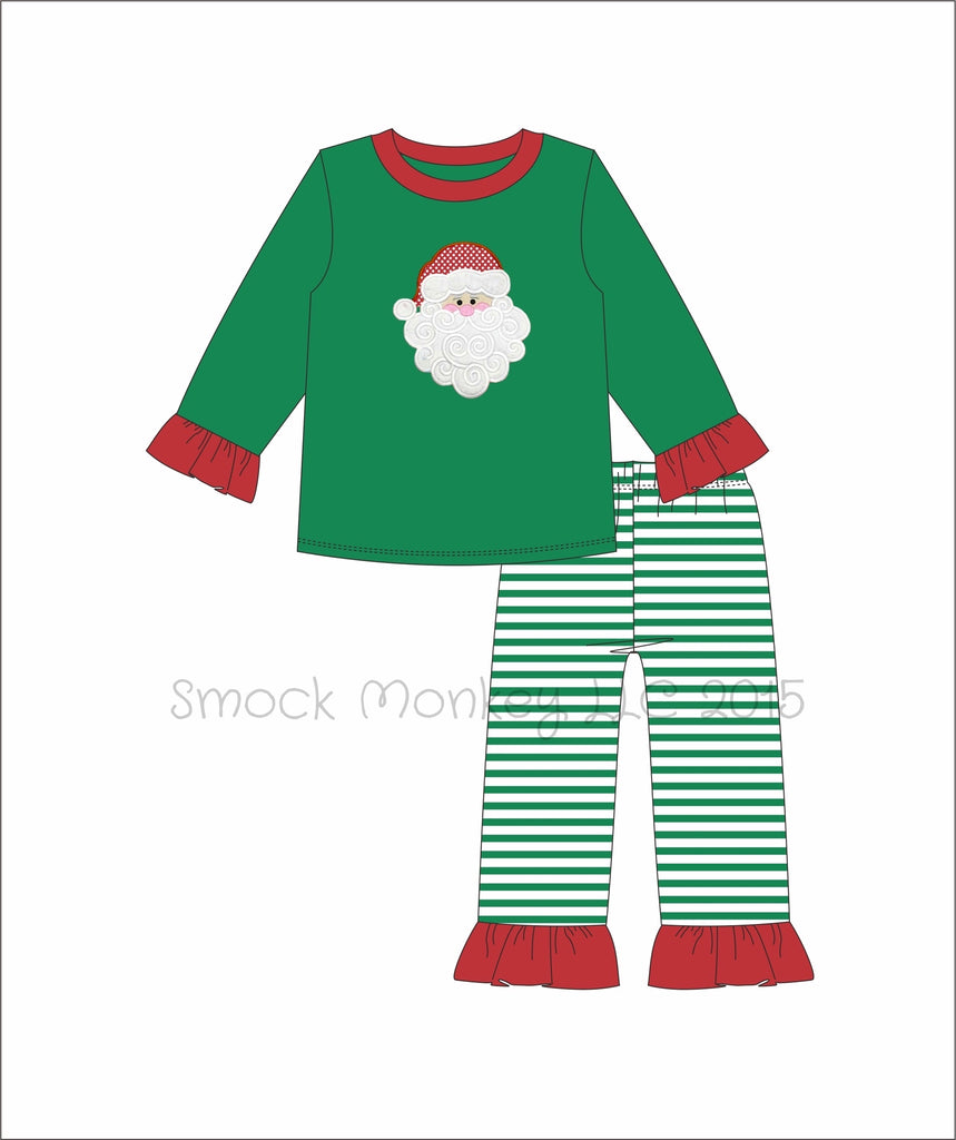 Girl's applique "SANTA" knit green striped long sleeve 2 piece pajama set (3m,12m,18m,24m)