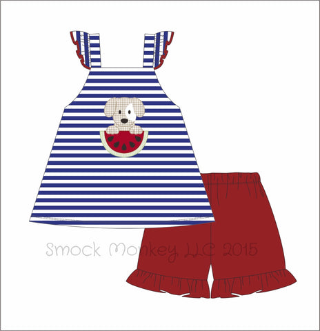 Girl's applique "WATERMELON DOG" royal blue striped knit swing top and red short set (6m,9m,18m,2t,3t,4t,5t,6t,7t,8t,10t,12t)