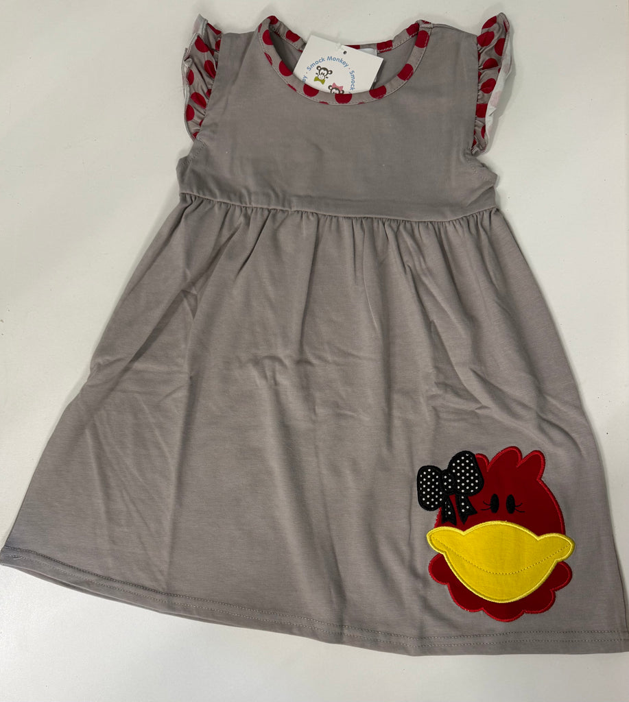 Girl's applique "CAROLINA CHICKEN" gray with polka dot angel wing knit swing dress (18m,24,3t,4t,5t)