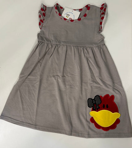 Girl's applique "CAROLINA CHICKEN" gray with polka dot angel wing knit swing dress (18m,24,3t,4t,5t)