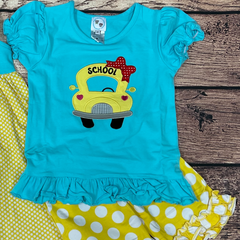 Girl's applique "WHEELS ON THE BUS" aqua* knit shirt and yellow polka dot short set (3t,4t,5t,6t,7t,8t,10t)