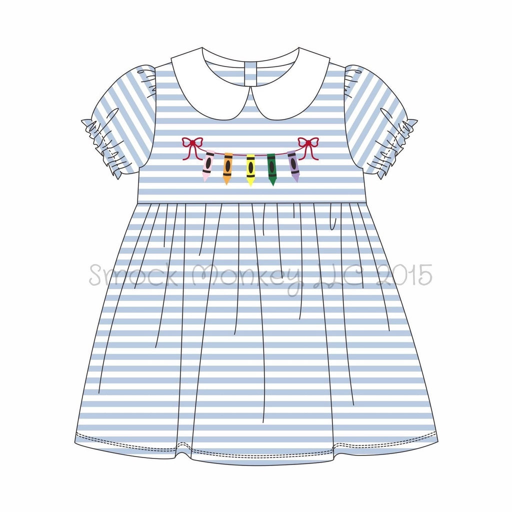 Girl's embroidered "CRAYONS ON A STRING" blue striped knit peter pan short sleeve dress (4t,5t,6t,7t,8t)