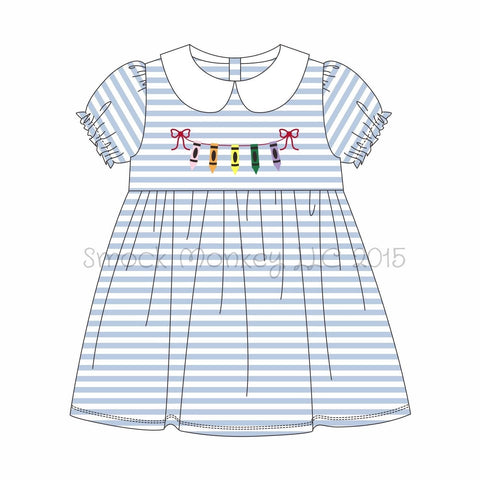 Girl's embroidered "CRAYONS ON A STRING" blue striped knit peter pan short sleeve dress (4t,5t,6t,7t)