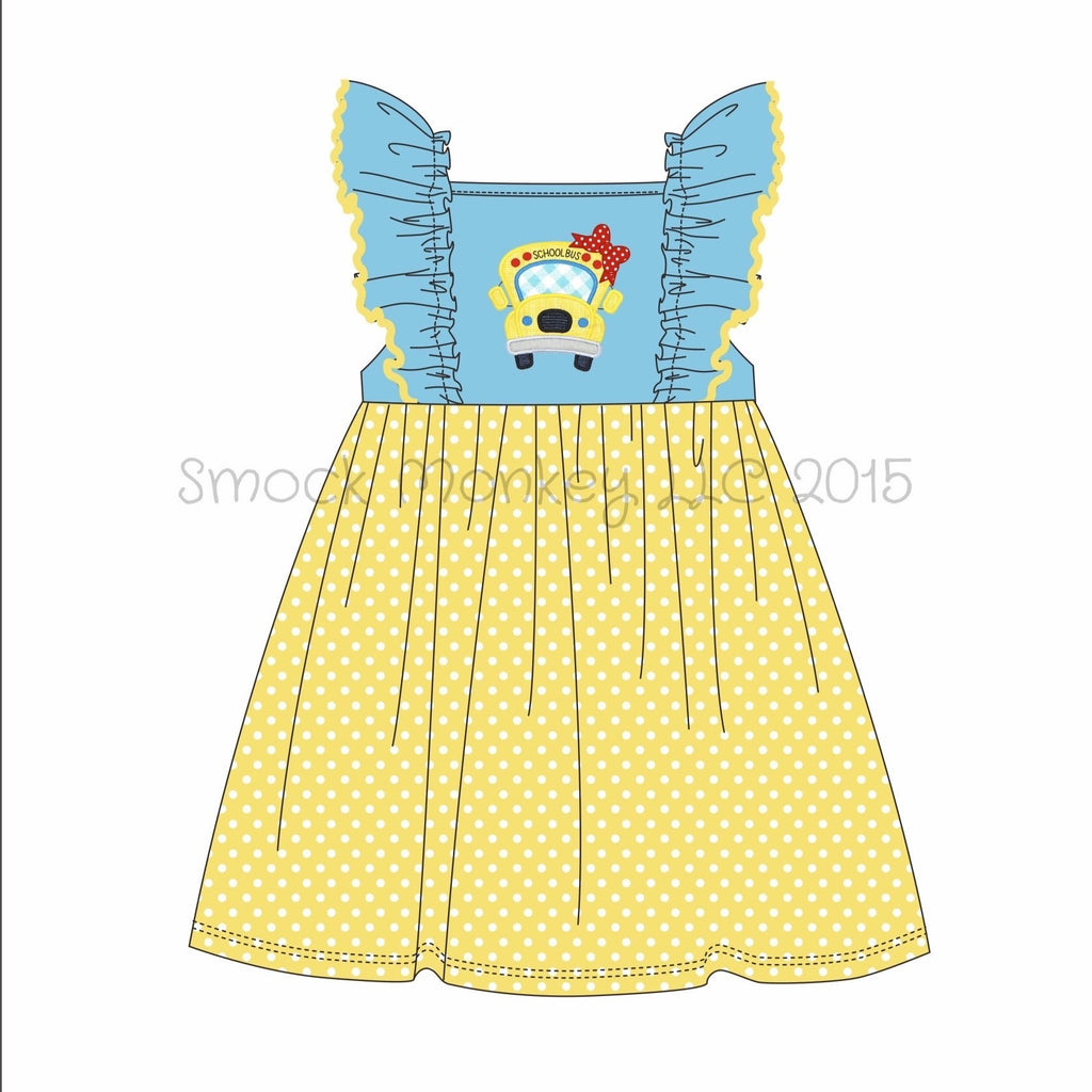 Girl's applique "WHEELS ON THE BUS" blue and yellow polka dot knit apron style dress (2t,3t,4t,5t,6t,7t,12t)