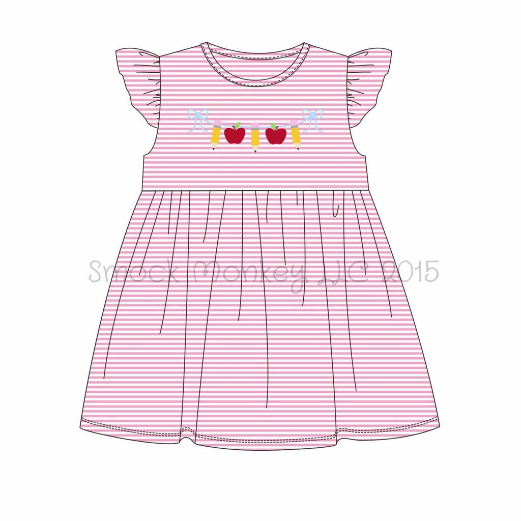 Girl's embroidered "PENCILS AND APPLES" pink striped knit angel wing dress (4t,5t,7t)