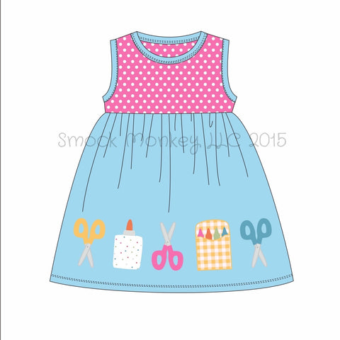 Girl's applique "SCHOOL SUPPLIES" hot pink polka and blue knit sleeveless dress (2t,4t,6t,7t,10t)