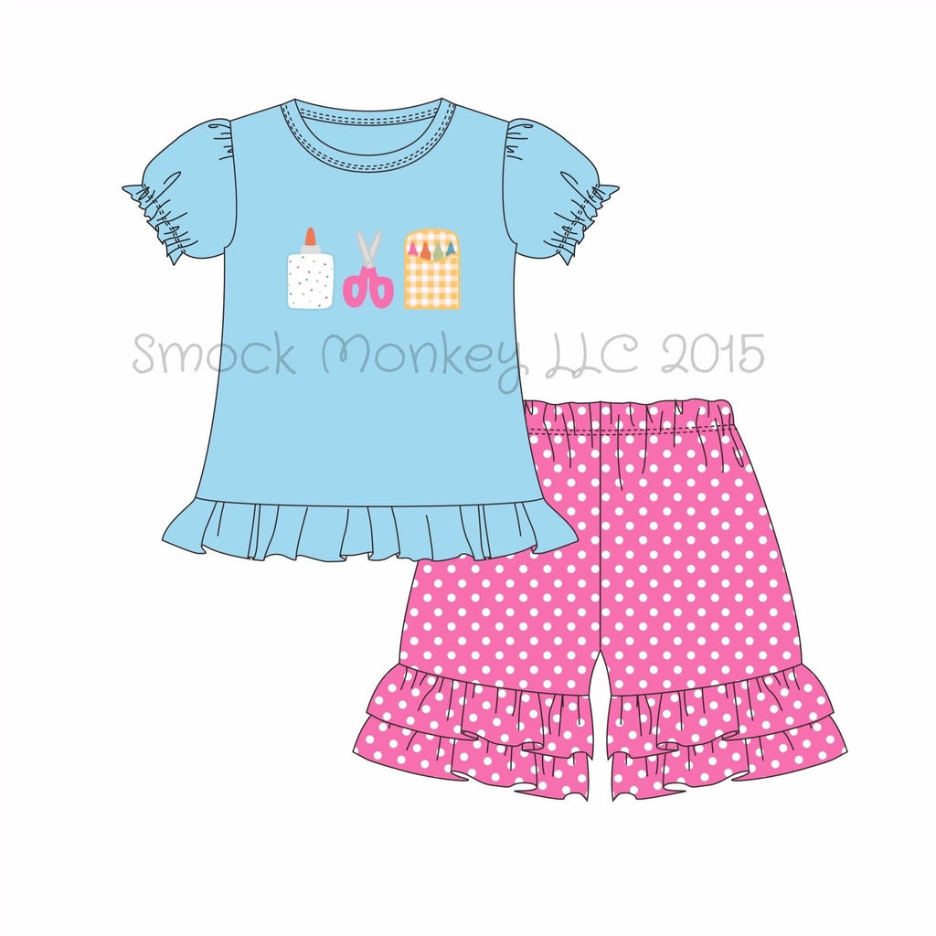 Girl's applique "SCHOOL SUPPLIES" blue short sleeve ruffle knit shirt and pink polka knit short set (3t,4t,5t,6t,8t,10t)