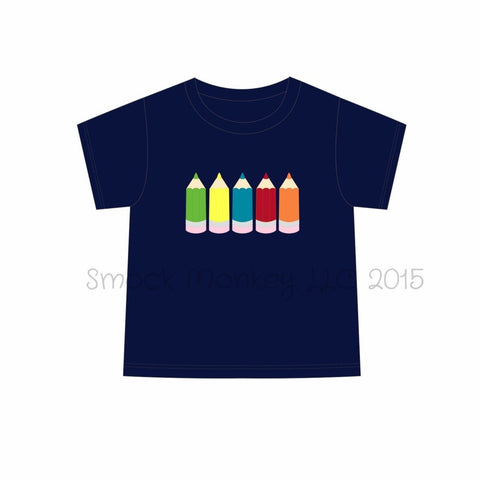 Boy's applique "COLORED PENCILS" navy knit short sleeve shirt (2t,3t,4t,5t,6t,7t,8t)