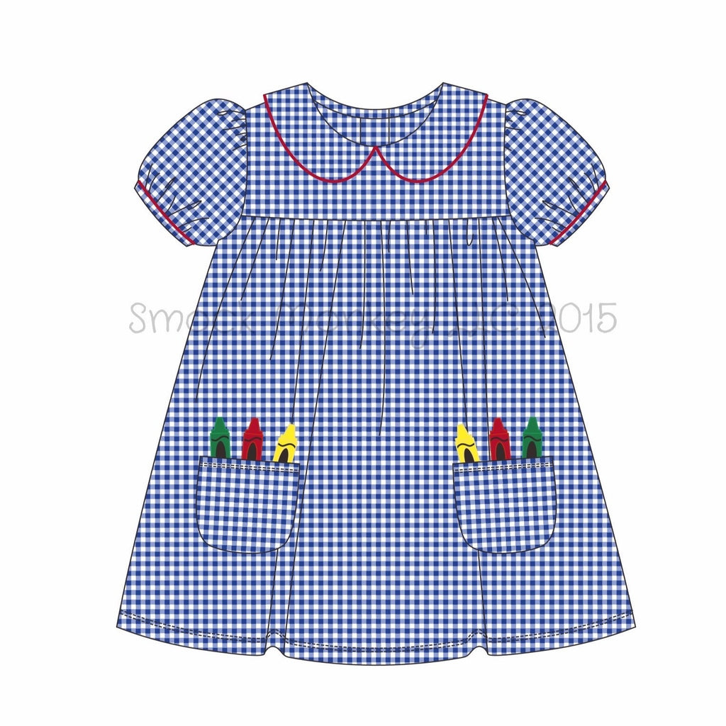 Girl's embroidered "CRAYONS IN POCKET" royal blue gingham peter pan collar dress (2t,3t,4t,5t,6t)