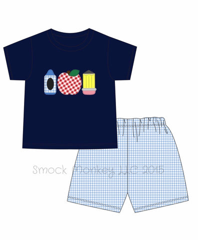 Boy's applique "APPLE A DAY" navy knit short sleeve shirt and blue gingham short set (4t,6t,7t,8t)