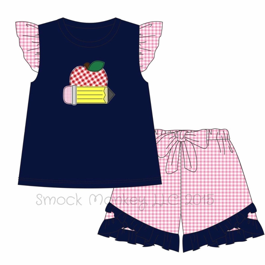Girl's applique "APPLE A DAY" navy knit with pink gingham angel wing sleeves and pink gingham short set (3t,4t,6t)