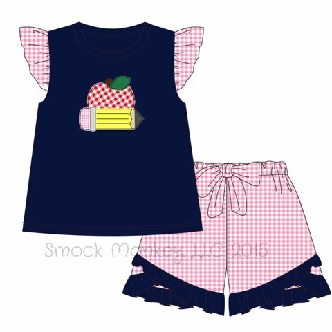 Girl's applique "APPLE A DAY" navy knit with pink gingham angel wing sleeves and pink gingham short set (4t,6t)