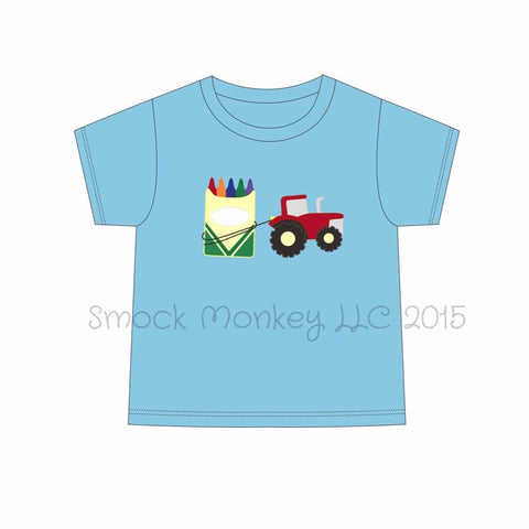 Boy's applique "TRACTOR PULLING CRAYONS" blue knit short sleeve shirt (4t,5t,6t,7t)