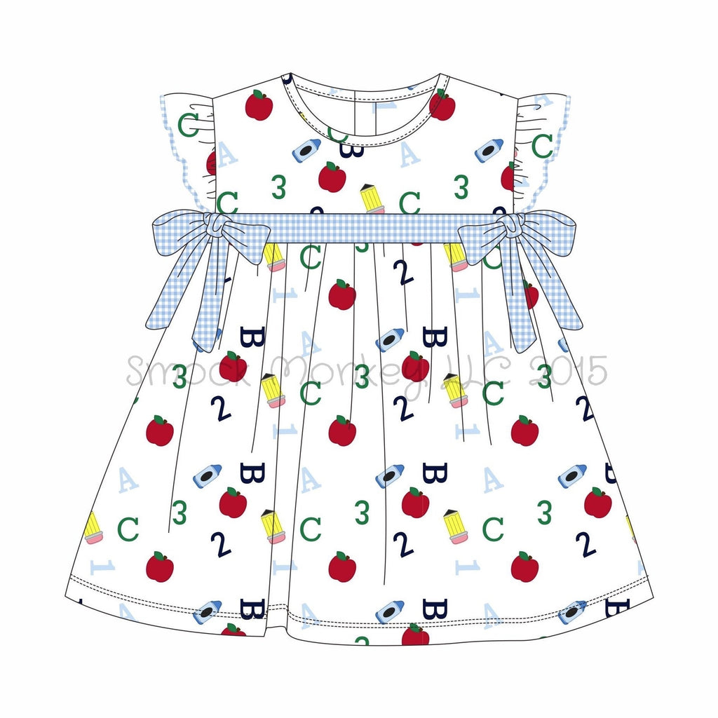 Girl's print "ABC123 and SCHOOL SUPPLIES" knit angel wing dress (3t,4t,5t,6t,7t,8t,12t,14t)