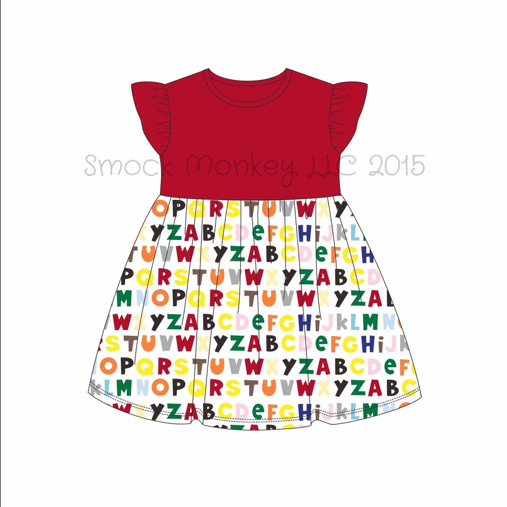 Girl's print "NOW I KNOW MY ABC'S" knit angel wing red swing dress (2t,4t,5t,6t,7t,10t)