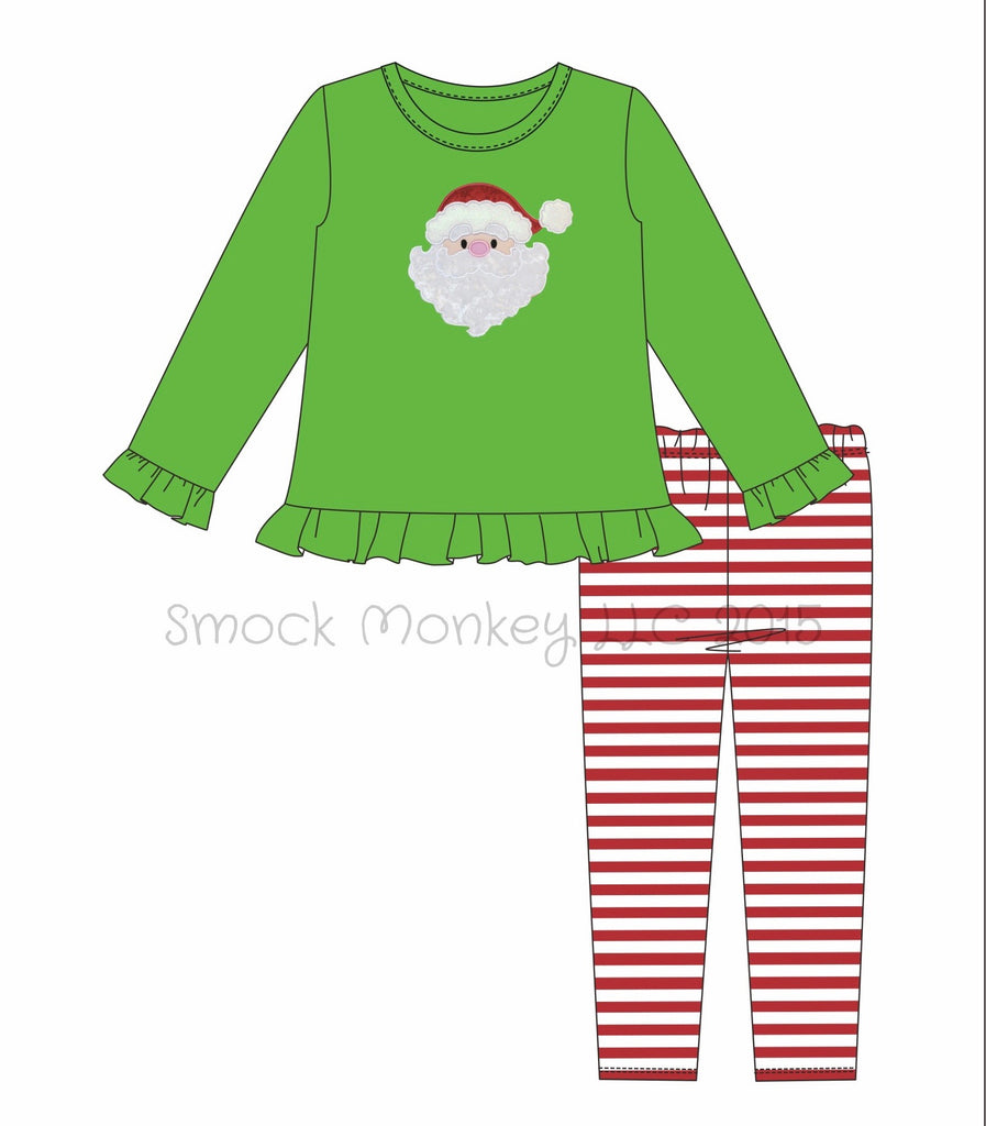 Girl's applique "SANTA" lime green swing top and red striped legging pant set (6m,18m,2t,3t,4t,5t,12t,14t)