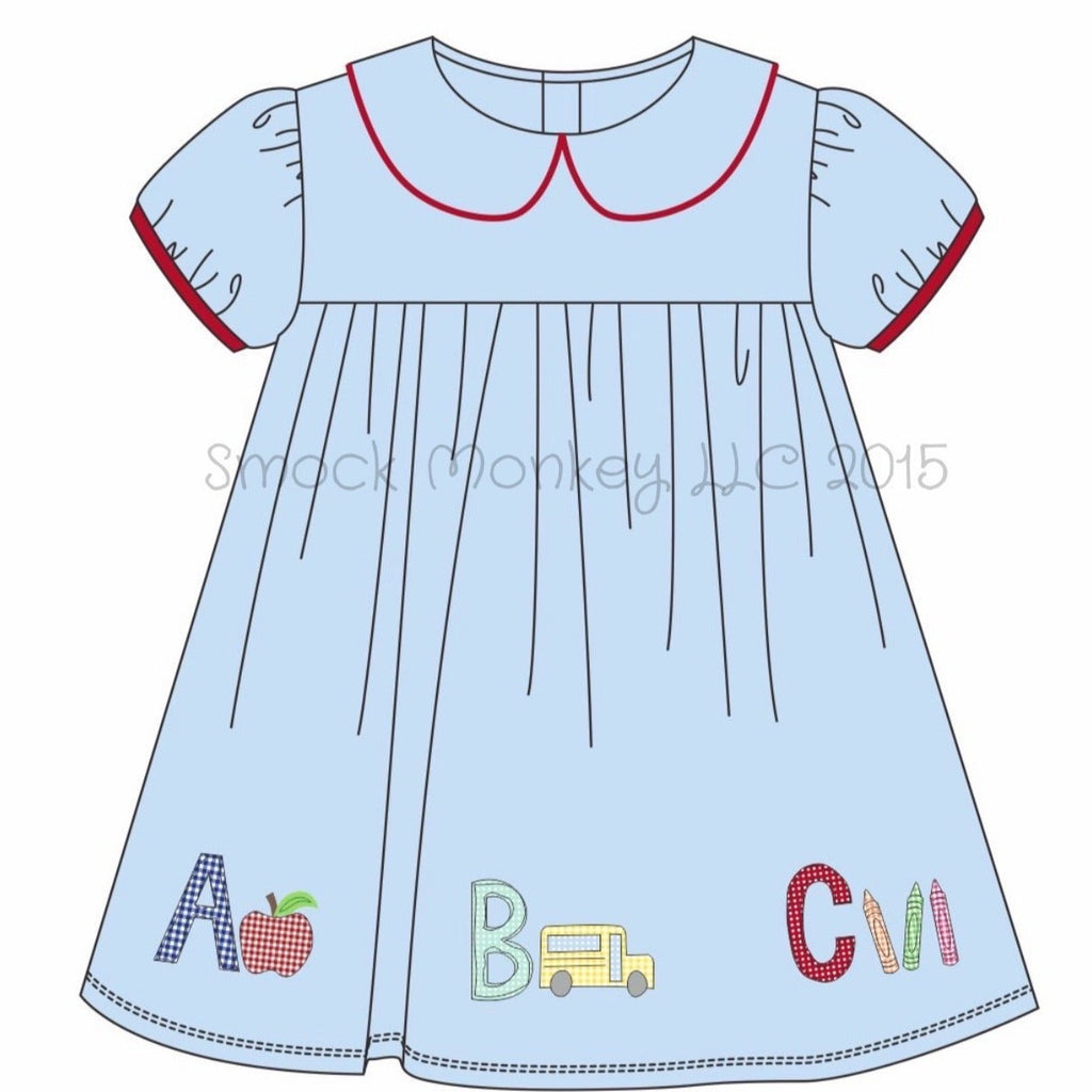 Girl's applique "ABC" blue knit peter pan dress (9m, 3t,4t,5t,6t,7t)