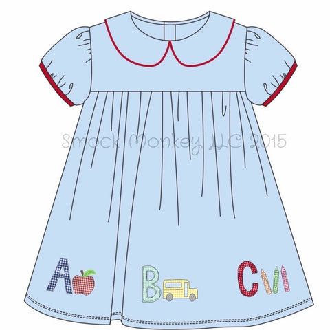 Girl's applique "ABC" blue knit peter pan dress (9m,4t,5t,6t,7t)