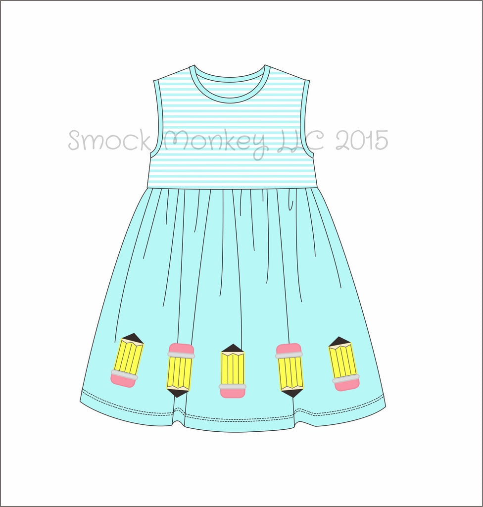 Girl's applique "pencil" aqua striped knit sleeveless dress (2t,3t,4t,5t,6t,7t,10t,12t)