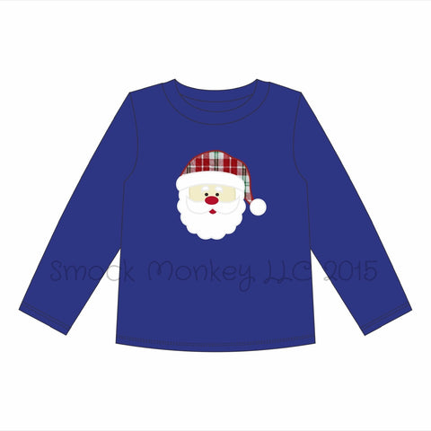 Boy's applique "PLAID SANTA" royal blue long sleeve knit shirt (12m)
