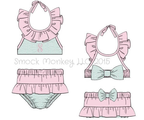 Girl's mint seersucker with pink trim two piece ruffle neck swim suit (NO MONOGRAM) (9m,18m)