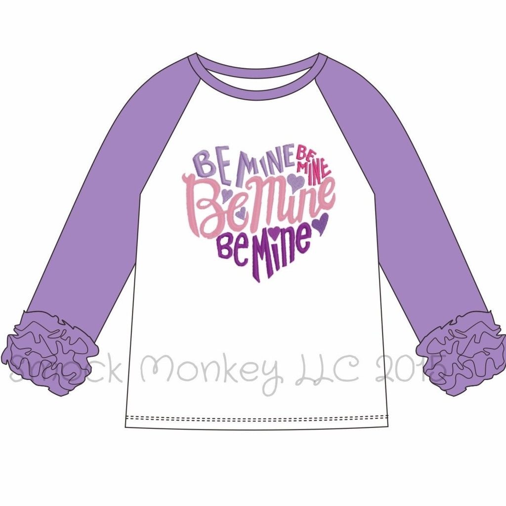 Girl's applique "BE MINE HEART" white knit baseball shirt with lavender ruffle sleeves  (24m,2t)
