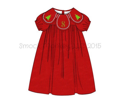 Girl's embroidered "2 TREES" red fine wale corduroy petal style dress (NO MONOGRAM) (12m)