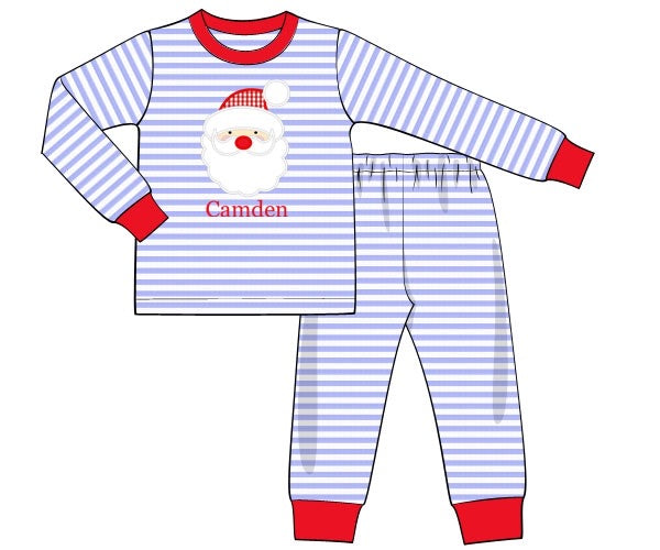 Boy's applique "SANTA" blue thin striped knit two piece fitted pajama set (NO MONOGRAM) (3m,6m,9m,12m)