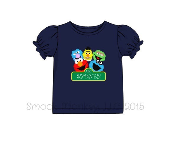 Girl's applique "SUNNY DAYS" street sign navy knit short puff sleeve shirt (NO MONOGRAM) (18m,2t,3t,5t)