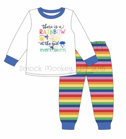 Boy's applique "AFTER THE STORM" white long sleeve with rainbow stripe fun set (NB,9m,18m,24m,2t,4t,5t,7t)