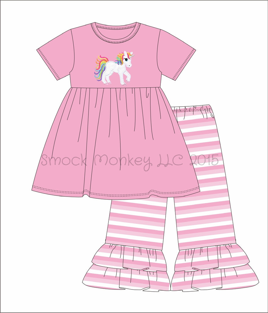 Girl's applique "UNICORN" pink short sleeve swing top and pink striped leggings set (12m)