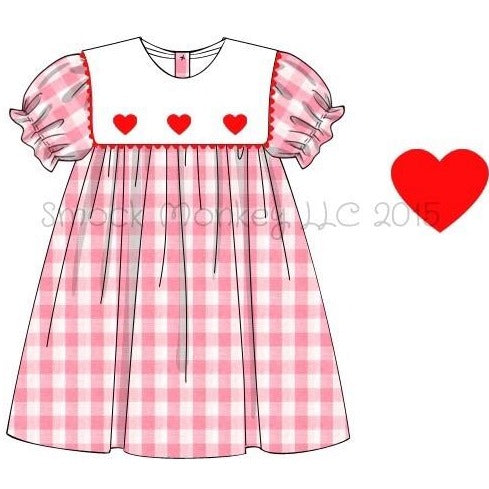 Girl's square collar "3 RED HEARTS" pink gingham short sleeve dress (6m,9m)
