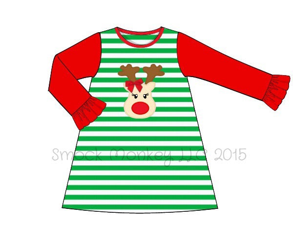 Girl's applique "RUDOLPH" long sleeve green striped with red long sleeves knit dress (9m,24m,7t)