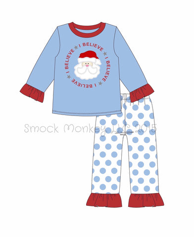 Girl's applique "SANTA BELIEVES" blue with polka dots ruffle two piece pajama set (8t)