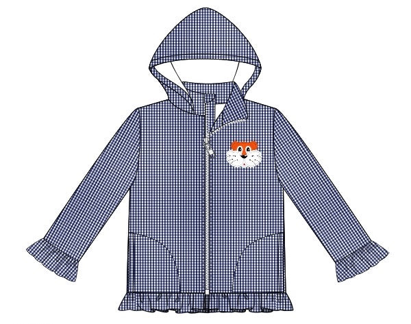 Girl's embroidered "TIGER" navy microgingham windbreaker long sleeve ruffle jacket (18m)