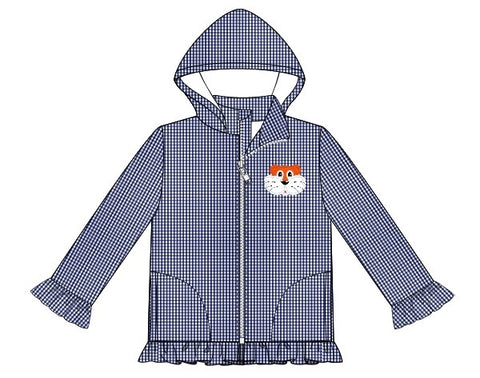 Girl's embroidered "TIGER" navy microgingham windbreaker long sleeve ruffle jacket (18m)